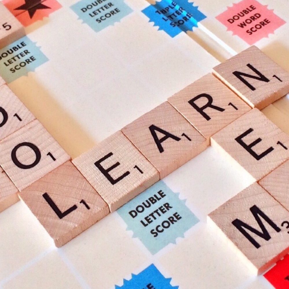 Close-up of Scrabble tiles forming words related to education and school.